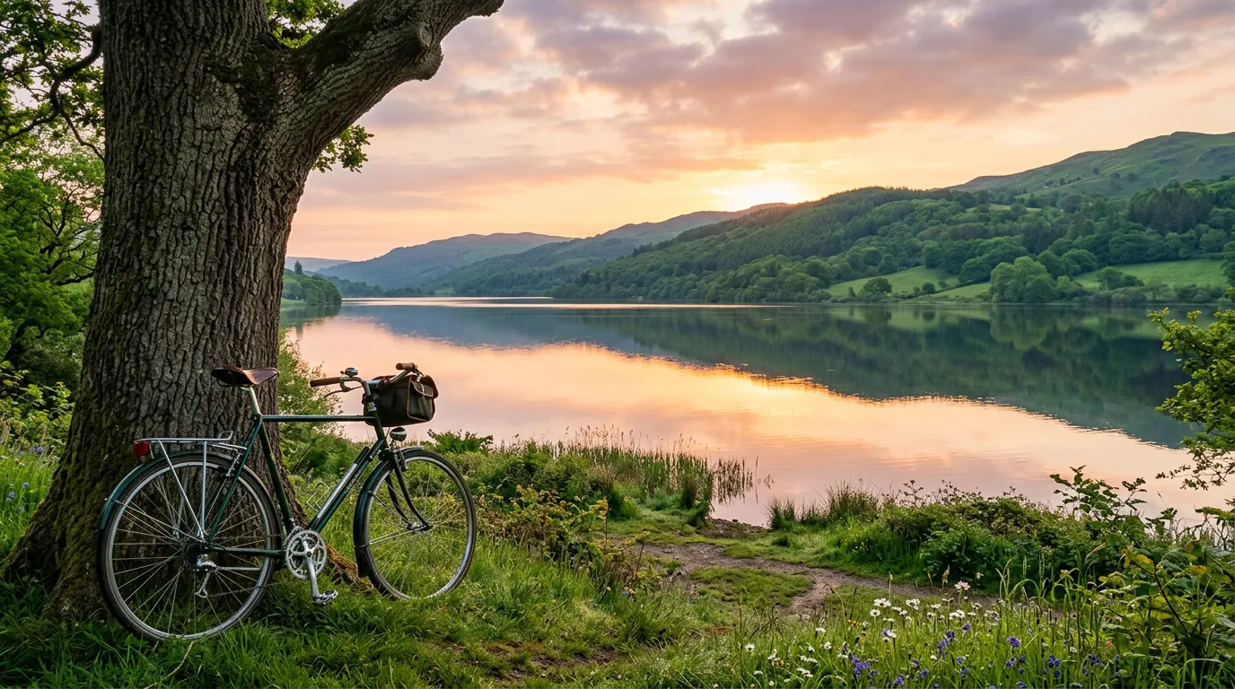 Scenic view of a bicycle leaning against a tree overlooking a calm lake with green hills in the background at sunrise