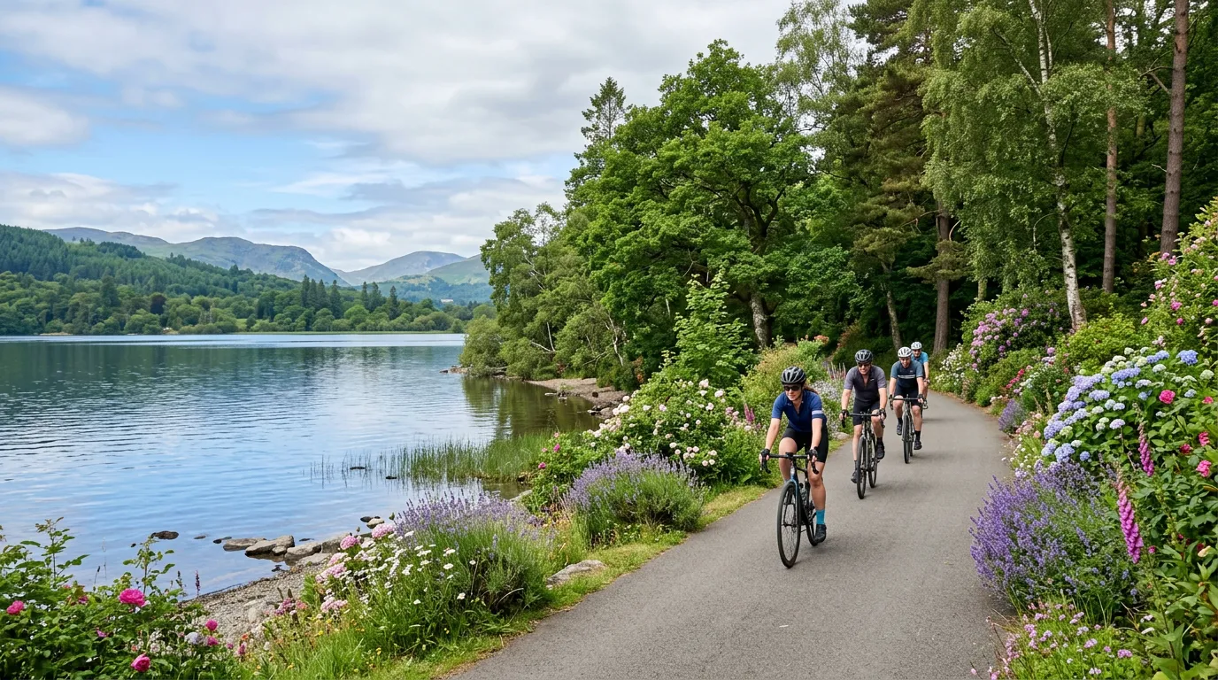 Cyclists riding along a scenic lakeside path lined with trees and flowers, water visible on the left side, photorealistic, professional, no people visible