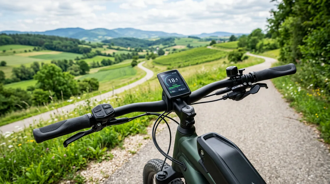 Modern electric bicycle battery and control panel on handlebars with green landscape in background