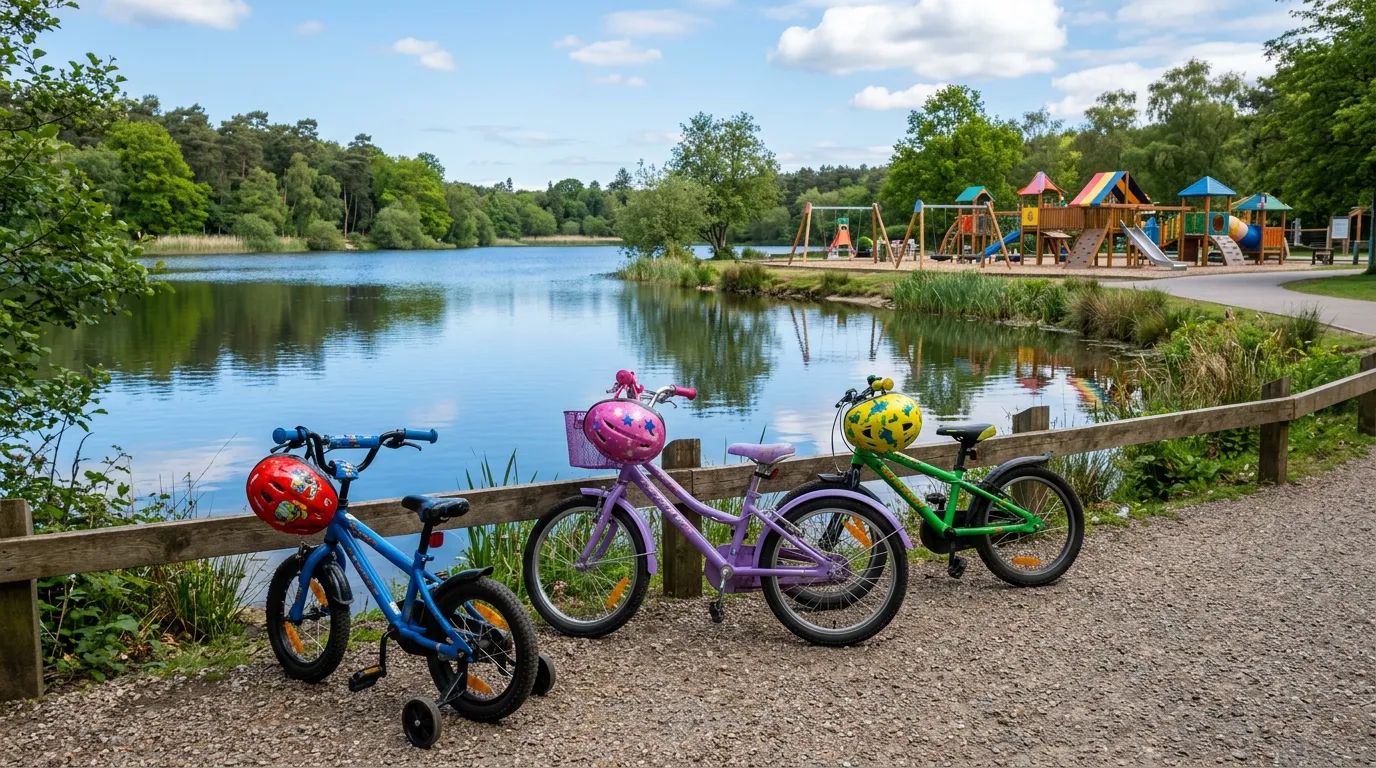 Children's bicycles with colorful helmets parked by a lake with a playground visible nearby